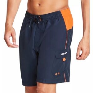 Speedo Men’s Blue w Orange Tie Waist Marina Sport VaporPlus 9” Swim Trunks Small